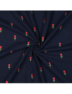Bestickter Doppelschleierstoff mit Tulpen - Marineblau