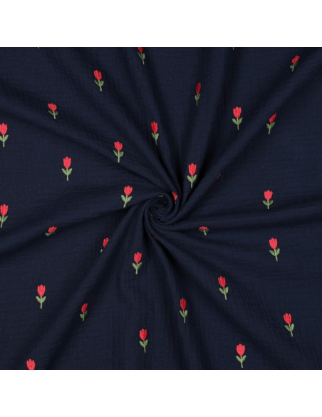 Bestickter Doppelschleierstoff mit Tulpen - Marineblau