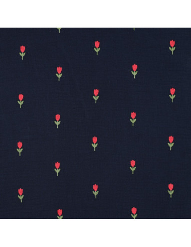 Bestickter Double-Gauze-Stoff mit Tulpen - Navy