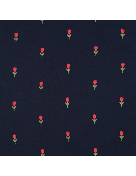 Bestickter Double-Gauze-Stoff mit Tulpen - Navy