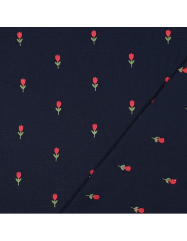 Bestickter Double-Gauze-Stoff mit Tulpen - Navy