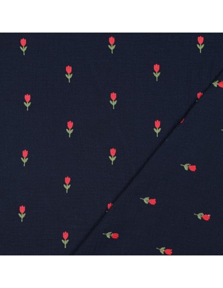 Bestickter Double-Gauze-Stoff mit Tulpen - Navy