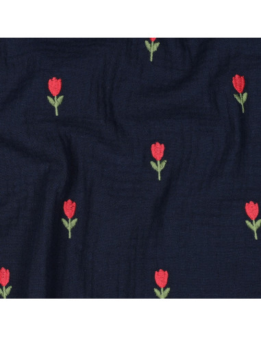 Bestickter Double-Gauze-Stoff mit Tulpen - Navy