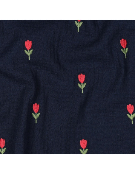 Bestickter Double-Gauze-Stoff mit Tulpen - Navy