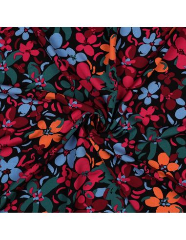 Viskosestoff mit leuchtenden Blumen - Schwarz
