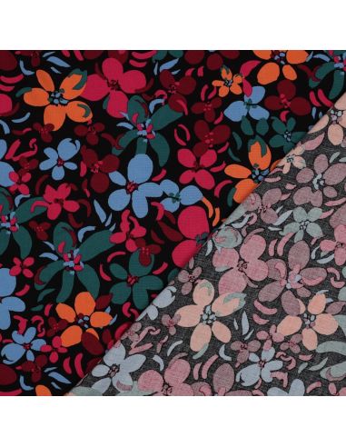 Viskosestoff mit leuchtenden Blumen - Schwarz