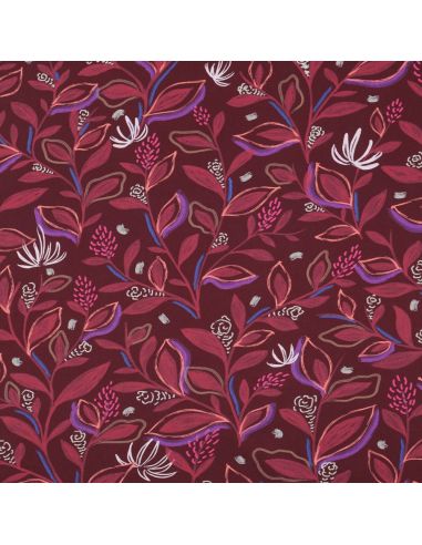 Baumwoll-Popeline-Stoff mit Blumen und Blättern - Bordeaux
