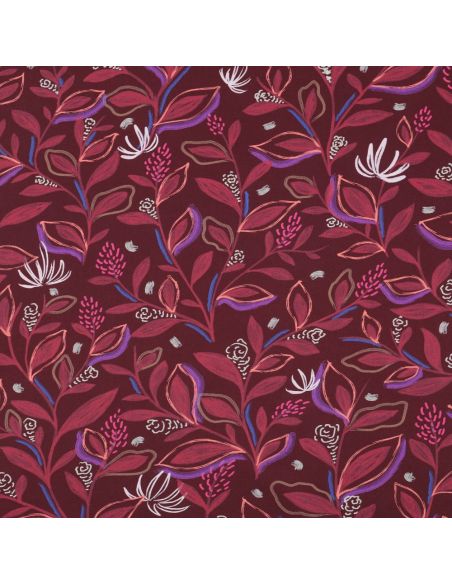Baumwoll-Popeline-Stoff mit Blumen und Blättern - Bordeaux