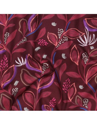 Baumwoll-Popeline-Stoff mit Blumen und Blättern - Bordeaux