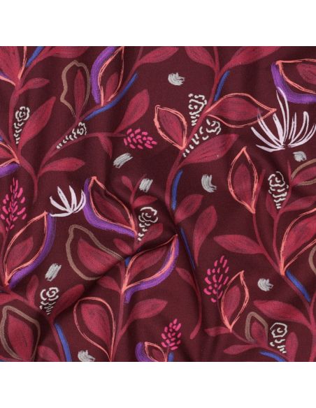 Baumwoll-Popeline-Stoff mit Blumen und Blättern - Bordeaux