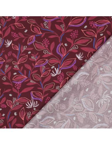 Baumwoll-Popeline-Stoff mit Blumen und Blättern - Bordeaux