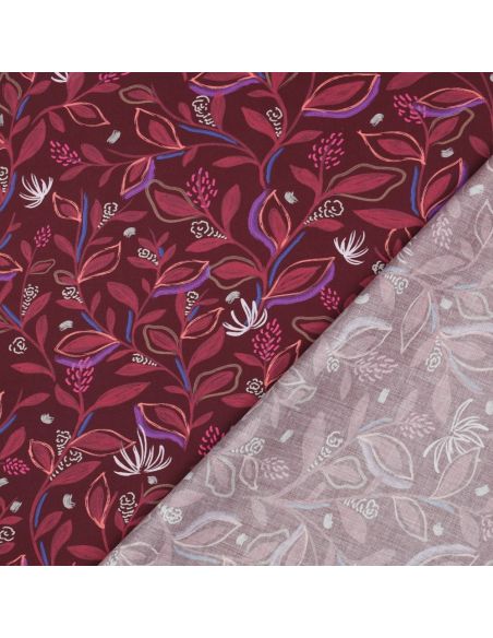 Baumwoll-Popeline-Stoff mit Blumen und Blättern - Bordeaux