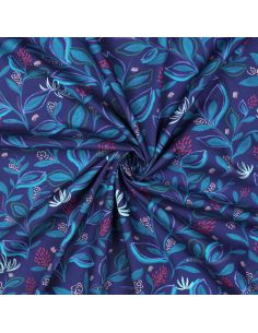 Baumwoll-Popeline-Stoff mit Blumen und Blättern - Blau