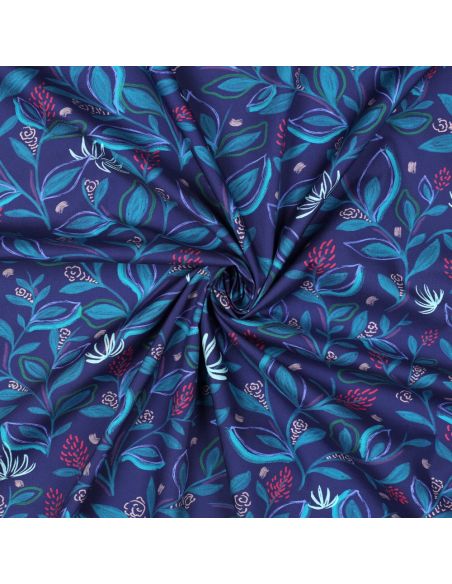 Baumwoll-Popeline-Stoff mit Blumen und Blättern - Blau
