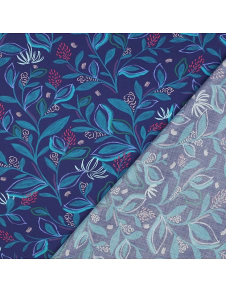 Baumwoll-Popeline-Stoff mit Blumen und Blättern - Blau