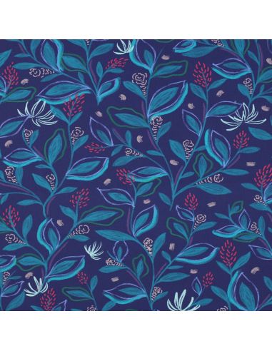 Baumwoll-Popeline-Stoff mit Blumen und Blättern - Blau