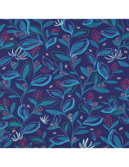 Baumwoll-Popeline-Stoff mit Blumen und Blättern - Blau