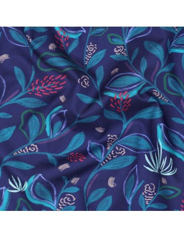Baumwoll-Popeline-Stoff mit Blumen und Blättern - Blau