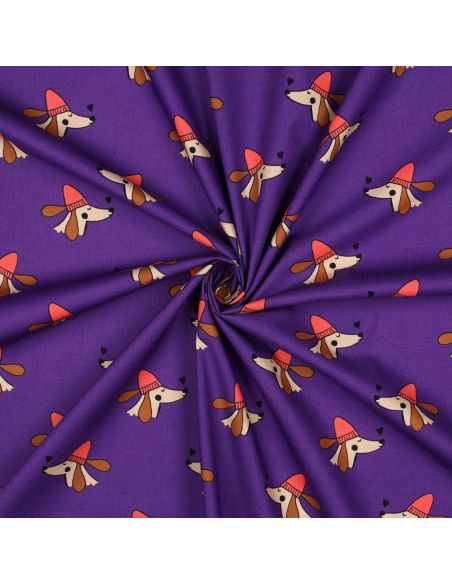 Baumwoll-Popeline-Stoff mit Hunden und Herzen - Violett