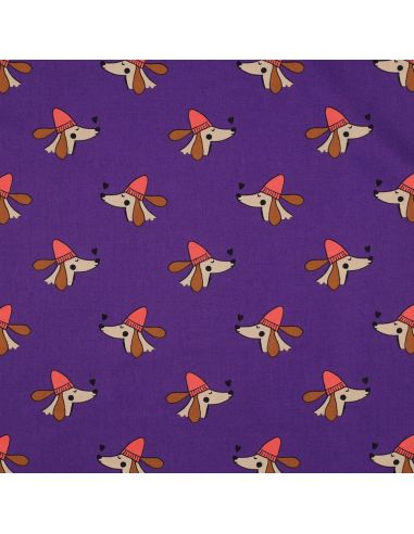 Baumwoll-Popeline-Stoff mit Hunden und Herzen - Violett