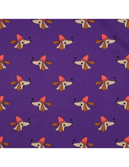 Baumwoll-Popeline-Stoff mit Hunden und Herzen - Violett