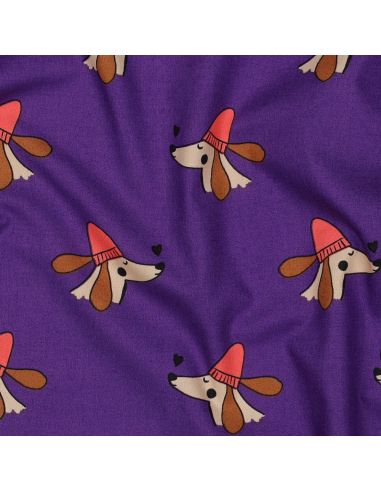 Baumwoll-Popeline-Stoff mit Hunden und Herzen - Violett