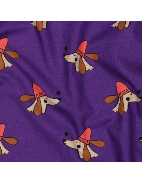 Baumwoll-Popeline-Stoff mit Hunden und Herzen - Violett