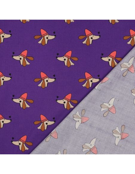 Baumwoll-Popeline-Stoff mit Hunden und Herzen - Violett