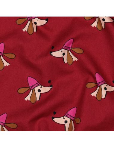 Baumwoll-Popeline-Stoff mit Hunden und Herzen - Bordeaux