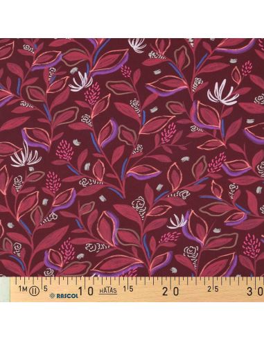 Baumwoll-Popeline-Stoff mit Blumen und Blättern - Bordeaux