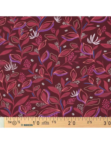 Baumwoll-Popeline-Stoff mit Blumen und Blättern - Bordeaux