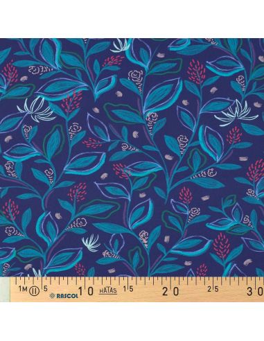 Baumwoll-Popeline-Stoff mit Blumen und Blättern - Blau