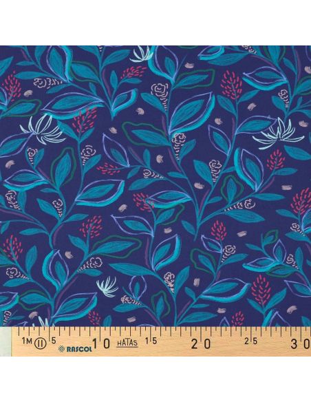 Baumwoll-Popeline-Stoff mit Blumen und Blättern - Blau