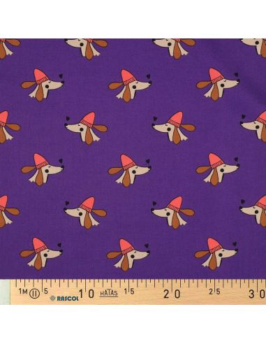 Baumwoll-Popeline-Stoff mit Hunden und Herzen - Violett