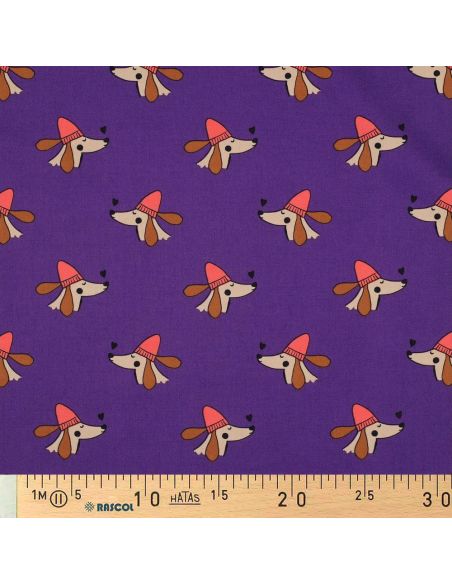 Baumwoll-Popeline-Stoff mit Hunden und Herzen - Violett