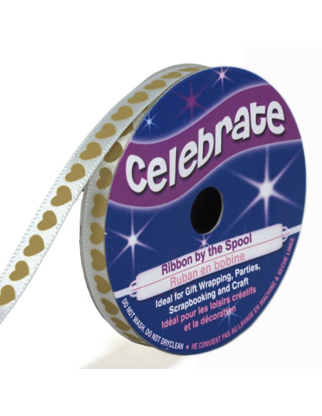 Weißes Satinband Celebrate mit goldenen Herzen bedruckt - 6 mm x 4 Meter