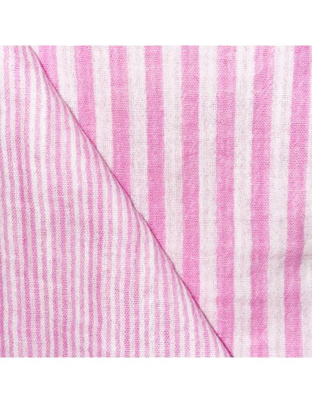 Gekreppter Double-Gauze-Stoff mit Streifen - Bubblegum und gebrochenes Weiß