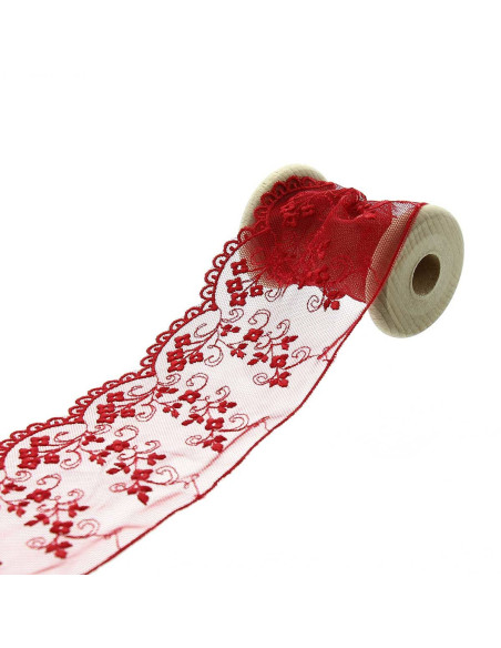 Bestickte Spitze auf Tüll - Rot