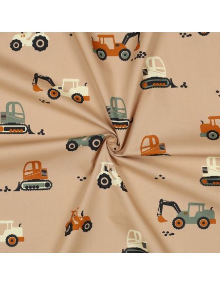 Baumwoll-Popeline-Stoff mit Baustellenfahrzeugen - Beige