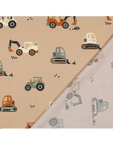 Baumwoll-Popeline-Stoff mit Baustellenfahrzeugen - Beige