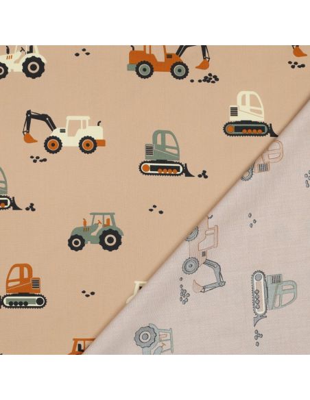Baumwoll-Popeline-Stoff mit Baustellenfahrzeugen - Beige
