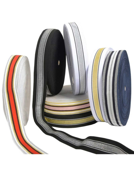 Fantasie-Lurex-Gummiband gestreift Gold und Weiß 40 mm