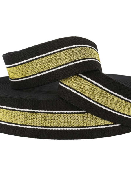 Fantasie-Lurex-Gummiband gestreift in Gold und Schwarz 40 mm