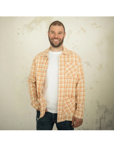 Schottischer Tartan-Flanellstoff - Beige mit orangefarbenen Streifen