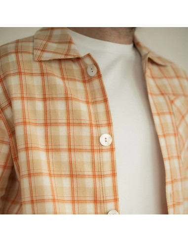 Schottischer Tartan-Flanellstoff - Beige mit orangefarbenen Streifen
