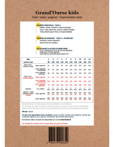 Schnittmuster für Weste, Jacke, Bademantel und Regenmantel Grand Ourse - Ikatee