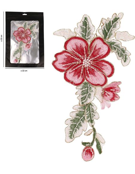 XL Aufnäher mit Blumen und Perlen - Rosa und Rot