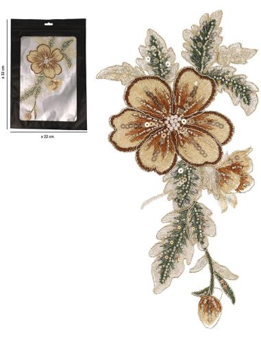 Blumenaufnäher mit Perlen zum Aufnähen XL - Braun