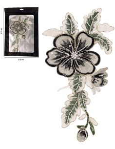 Blumenaufnäher Perlen zum Aufnähen XL - Grau und Schwarz
