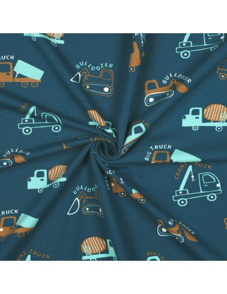 Leichter Sweatstoff mit Baustellenfahrzeugen - Petrolblau